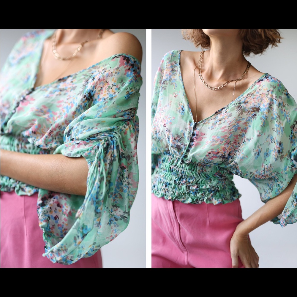Vintage floral green semi sheer silk wide sleeve blouse top